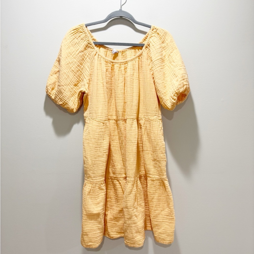 Old Navy Orange Tiered Mini Dress Cotton Guaze Texture Peasant Puff Sleeve Sz L
